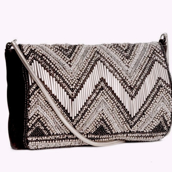 H&M Handbags - H&M Beaded Chevron Clutch / Crossbody Bag – Black & Silver Chain Strap NWT